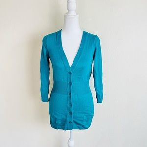 The Limited Teal Front Button Peplum Babydoll Cardigan 3/4 Sleeve Sweater